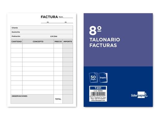 [2012414] LIDERPAPEL - TALONARIO FACTURAS 8º ORIGINAL Y COPIA SIN I.V.A. (Ref.T201)