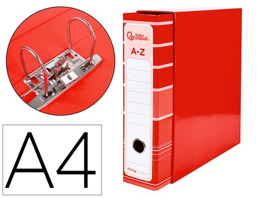 [2032072] LIDERPAPEL - ARCHIVADOR DE PALANCA A4 FILING SYSTEM FORRADO SIN RADO LOMO 80MM ROJOCON CAJA Y COMPRESOR METALICO (Ref.AZ16)
