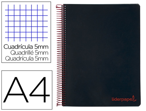 [2008943] LIDERPAPEL - Cuaderno espiral A4 micro wonder tapa plastico 120h 90 gr cuadro 5 mm 5 bandas 4 taladros color negro (Ref. BA85)