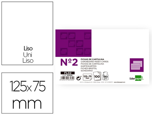 [2003530] LIDERPAPEL - FICHA LISA Nº2 75 X 125MM PAQUETE DE 100 180G (Ref.FL02)
