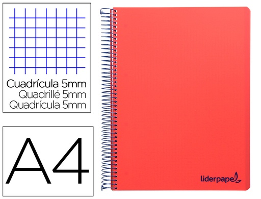 [2008946] LIDERPAPEL - Cuaderno espiral A4 micro wonder tapa plastico 120h 90 gr cuadro 5 mm 5 bandas 4 taladros color rojo (Ref. BA88)