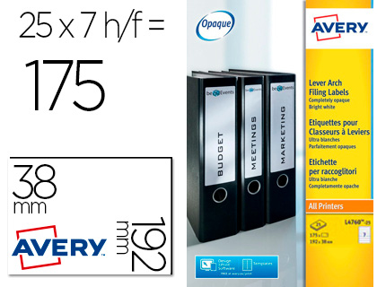 [9155942] AVERY - Etiqueta adhesiva permanente blanca 38x192 mm para lomo archivador laser caja de 175 unidades (Ref. L4760-25)