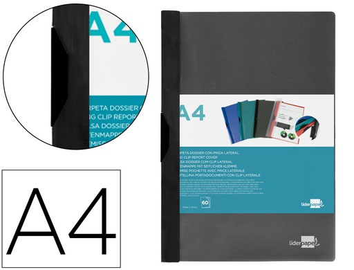 [2026900] LIDERPAPEL - CARPETA DOSSIER PINZA LATERAL 45325 POLIPROPILENO DIN A4 NEGRO 60 HOJAS PINZA DESLIZANTE (Ref.DP09)