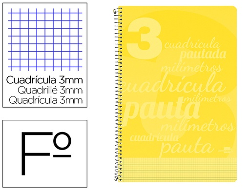[2006751] LIDERPAPEL - Cuaderno espiral folio pautaguia tapa plastico 80h 75gr cuadro pautado 3mm con margen color amarillo (Ref. BE39)