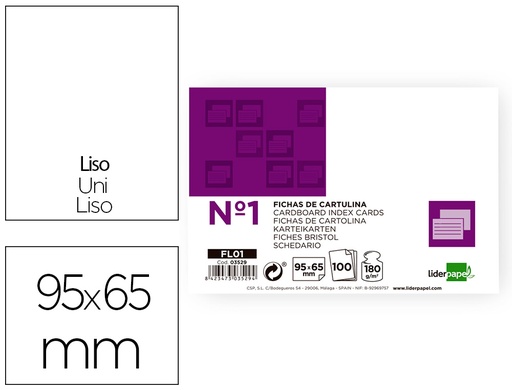 [2003529] LIDERPAPEL - FICHA LISA Nº1 65X95MM PAQUETE DE 100 180G (Ref.FL01)