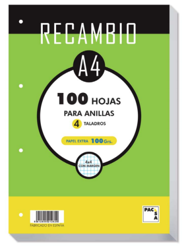 [9931352] PACSA - RECAMBIO A4 100h 100gr 4 TALADROS CUADRIC.4x4 (Ref.21050)