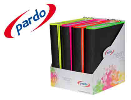 [2075033] PARDO - CARPETA 4 ANILLAS 40MM Cartón FORRADO DIN A4 LOMO RECTO CON BORDE NEON COLORES SURTIDOS EXPOSITOR DE 8 (Ref.994418)