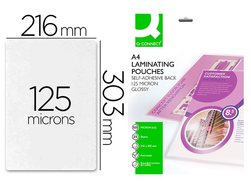 [2063426] Q-CONNECT - BOLSA DE PLASTIFICAR 303 X 216 MM 125 MC DIN A4 AUTOADHESIVAS CAJA DE 25 UNIDADES (Ref.KF24056)