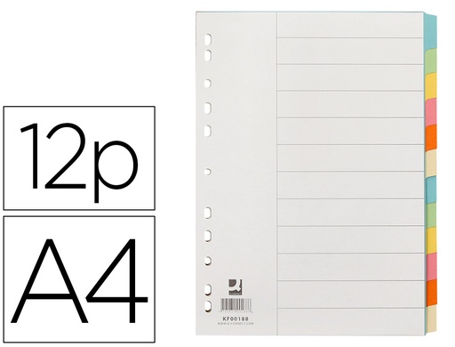 [2032589] Q-CONNECT - SEPARADOR CARTULINA JUEGO DE 12 SEPARADORES DIN A4-MULTITALADRO (Ref.KF00188)