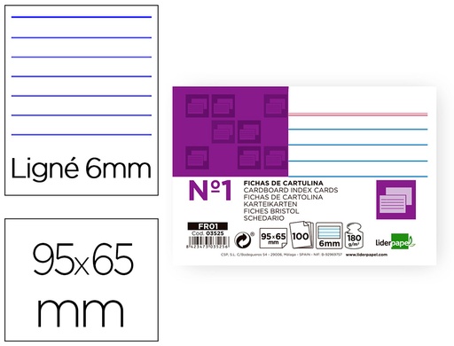[2003525] LIDERPAPEL - FICHA RAYADA Nº1 65 X 95MM PAQUETE DE 100 180G (Ref.FR01)