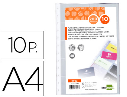 [2074142] LIDERPAPEL - RECAMBIO FUNDAS DIN A4 PARA TARJETERO BOLSA DE 10 HOJAS CAPACIDAD 20 TARJETAS POR HOJA (Ref.RP02)