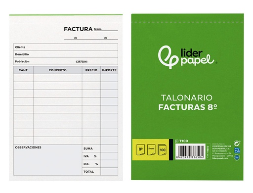 [2011650] LIDERPAPEL - TALONARIO FACTURAS 8º ORIGINAL CON I.V.A. (Ref.T100)