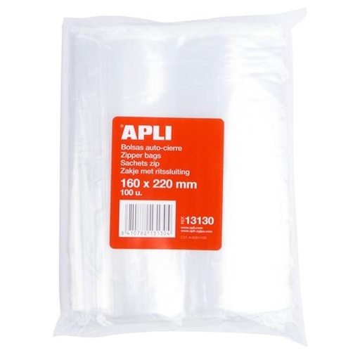 [2073543] APLI - BOLSA PLASTICO AUTOCIERRE 160X220 MM PAQUETE DE 100 (Ref.5180)