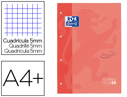 [9152103] OXFORD - Recambio color 1 din a4+ 80 hojas 90 gr cuadricula 5 mm tapa blanda 4 taladros coral touch (Ref. 400077698)