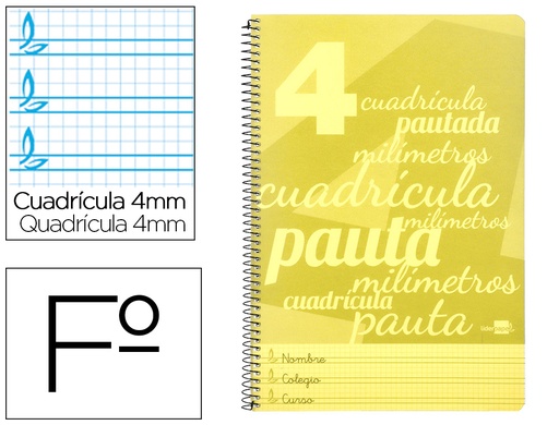 [2006551] LIDERPAPEL - Cuaderno espiral folio pautaguia tapa plastico 80h 75gr cuadro pautado 4mm con margen color amarillo (Ref. BE35)