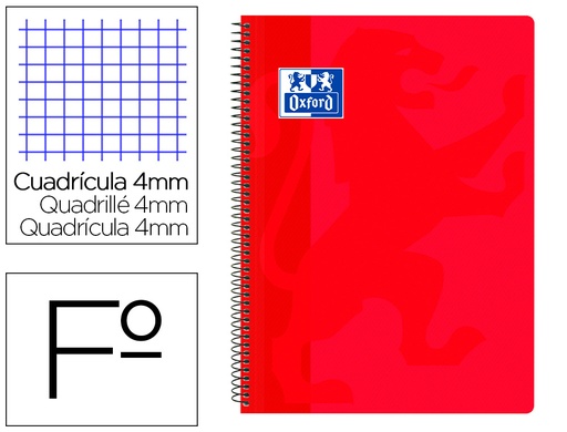 [9154753] OXFORD - Cuaderno espiral school classic tapa polipropileno folio 80 hojas cuadro 4 mm con margen rojo (Ref. 400079660)