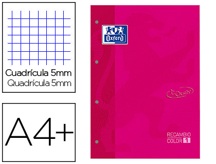 [9152102] OXFORD - Recambio color 1 din a4+ 80 hojas 90 gr cuadricula 5 mm tapa blanda 4 taladros fucsia touch (Ref. 400077697)