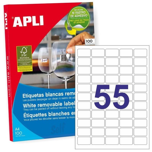 [2062820] APLI - ETIQUETA ADHESIVA 36,8X23,8 MM FOTOCOPIADORA LASER INKJET CAJA 100 HOJAS DIN A4 CON 5500 ETIQUETAS (Ref.3051)