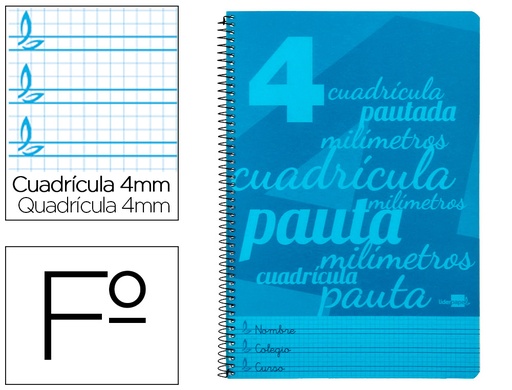 [2006553] LIDERPAPEL - Cuaderno espiral folio pautaguia tapa plastico 80h 75gr cuadro pautado 4mm con margen color azul (Ref. BE36)