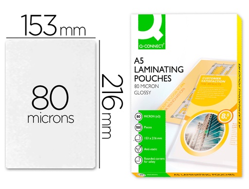 [2063419] Q-CONNECT - BOLSA DE PLASTIFICAR 153 X 216 MM 80MC DIN A5 CAJA DE 100 UNIDADES (Ref.KF04106)