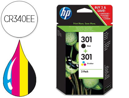 [9073399] HP ( HEWLETT PACKARD ) - 301 Negro y Color Cartuchos ORIGINALES Inyección De Tinta ORIGINALES Combo 2-Pack EU () (Ref.N9J72AE)