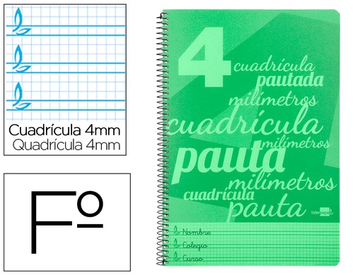[2006554] LIDERPAPEL - Cuaderno espiral folio pautaguia tapa plastico 80h 75gr cuadro pautado 4mm con margen color verde (Ref. BE37)