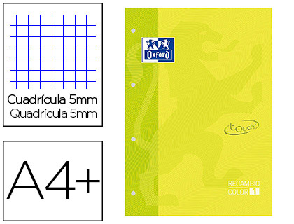 [9152100] OXFORD - Recambio color 1 din a4+ 80 hojas 90 gr cuadricula 5 mm tapa blanda 4 taladros lima touch (Ref. 400077695)