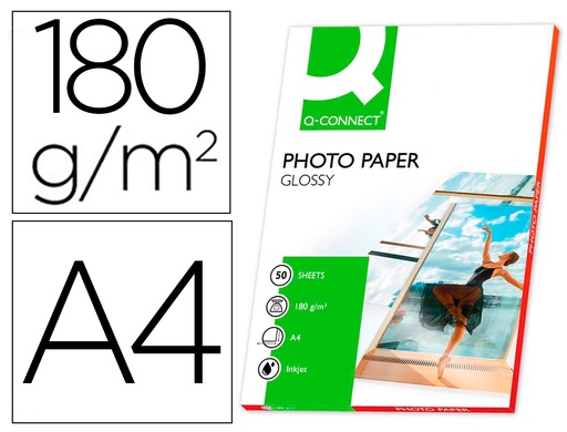 [2038152] Q-CONNECT - PAPEL FOTO GLOSSY DIN A4 ALTA CALIDAD DIGITAL PHOTO -PARA INK-JET BOLSA DE 50 HOJAS DE 180 GR (Ref.KF02771)