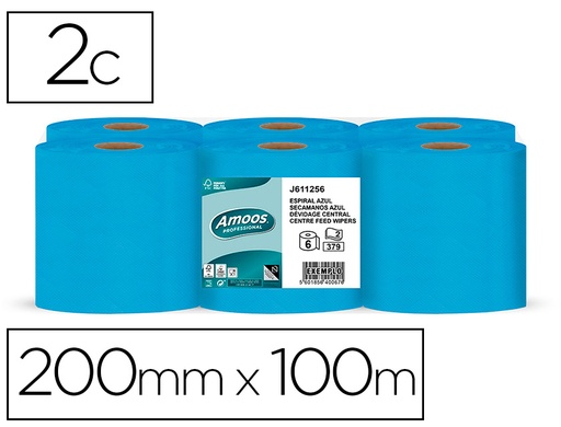 [9078533] AMOOS - Papel Secamanos Pack 6 rollos azul 2 capas 100 metros dispensación central. 100% fibra pura (Ref.J611001.3)