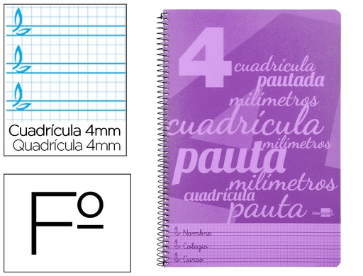 [2006555] LIDERPAPEL - Cuaderno espiral folio pautaguia tapa plastico 80h 75gr cuadro pautado 4mm con margen color violeta (Ref. BE38)