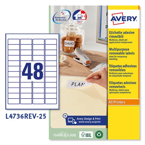 [1421325] AVERY - Etiquetas removibles Caja 25 hojas 1200 ud 45,7X21,2 Blancas (Ref.L4736REV-25)