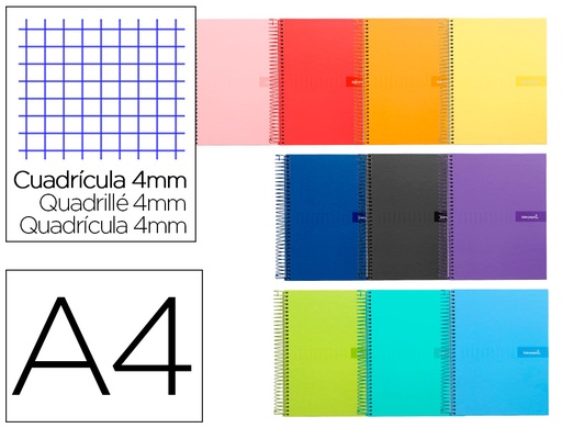 [2009951] LIDERPAPEL - Cuaderno espiral A4 crafty tapa forrada 80h 90 gr cuadro 4 mm con margen colores surtidos (Ref. BF62)