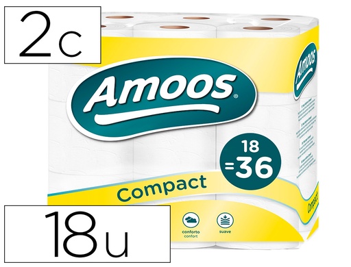[2078529] AMOOS - Papel Higiénico de 2 capas Paquete 18 rollos 30m (120mm diámetro x 90mm alto) compacto ultrasuave 100% fibra pura de alta calidad (Ref.H623010.1)