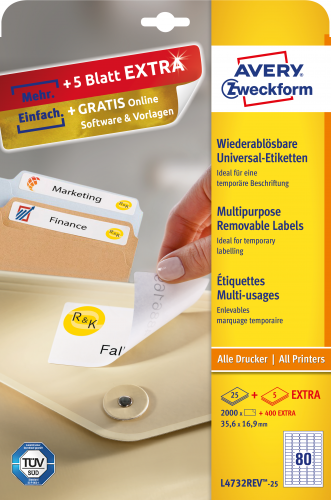 [1754870] AVERY - Etiquetas removibles Caja 25 hojas 2000 ud 35,6x16,9mm Blancas (Ref.L4732REV-25)