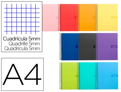 [2009956] LIDERPAPEL - Cuaderno espiral A4 crafty tapa forrada 80h 90 gr cuadro 5 mm con margen colores surtidos (Ref. BJ82)