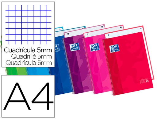 [2049369] OXFORD - BLOC ESPIRAL TAPA EXTRADURA MICROPERFORADO DIN A4 80 HOJAS CUADROS 5MM COLORES SURTIDOS (Ref.100430543)