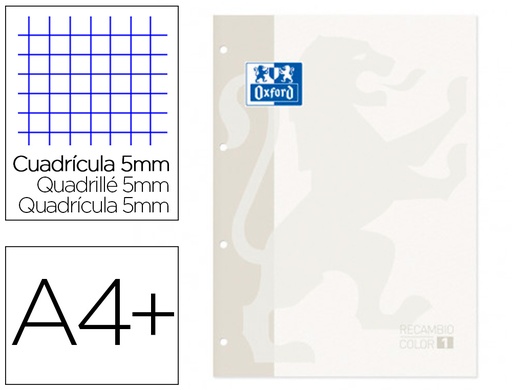 [9159582] OXFORD - Recambio color 1 din a4+ 80 hojas 90 gr cuadro 5 mm 4 taladros color blanco (Ref. 400121559)