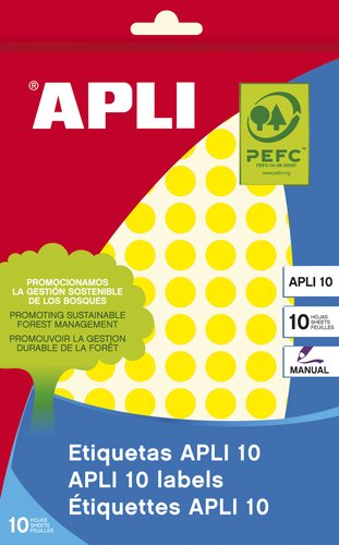 [9942250] APLI - ETIQUETAS ADH.MANUALES BOLSA COLOR AMARILLO 8h REDONDAS Ø 10 mm 1.008 uds.(0) (Ref.2730)