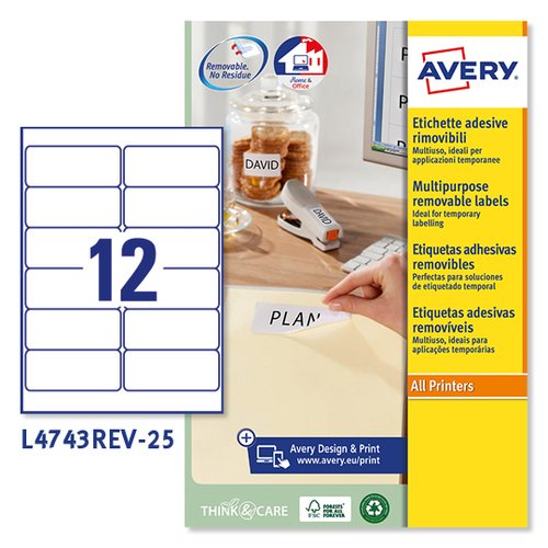 [9038169] AVERY - Etiquetas removibles Caja 25 hojas 300 ud 99,1X42,3 Blancas (Ref.L4743REV-25)