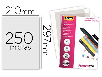 [9155146] FELLOWES - Bolsa de plastificar brillo din A4 250 micras pack de 100 unidades (Ref. 5401802)