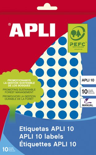 [9942255] APLI - ETIQUETAS ADH.MANUALES BOLSA COLOR AZUL 8h REDONDAS Ø 10 mm 1.008 uds.(0) (Ref.2731)
