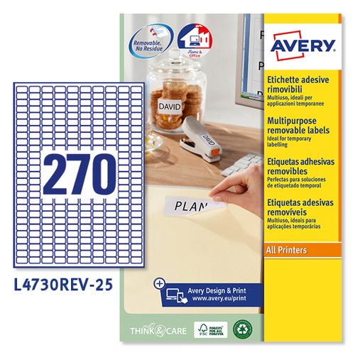 [9034972] AVERY - Etiquetas removibles Caja 25 hojas 6750 ud 17,8x10 Blancas (Ref.L4730REV-25)