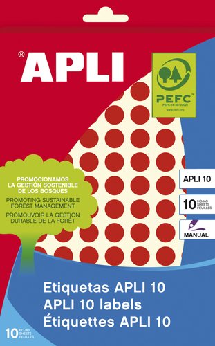 [9940928] APLI - ETIQUETAS ADH.MANUALES BOLSA COLOR ROJO 8h REDONDAS Ø 10 mm 1.008 uds.(0) (Ref.2732)
