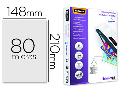 [9155166] FELLOWES - Bolsa de plastificar brillo din a5 80 micras pack 100 unidades (Ref. 5306002)