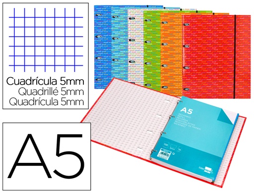 [2052395] LIDERPAPEL - CARPETA CON RECAMBIO A5 CUADRO 5MM FORRADA 4 ANILLAS 20MM (Ref.BZ03)