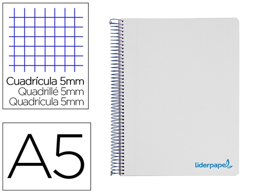 [2009240] LIDERPAPEL - Cuaderno espiral a5 micro wonder tapa plastico 120h 90g cuadro 5mm 5 bandas 6 taladros color gris (Ref. BJ69)