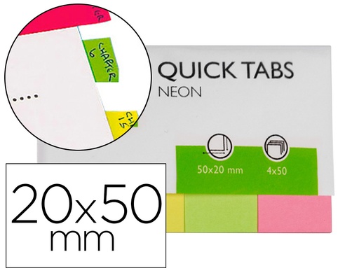 [2025944] Q-CONNECT - BANDERITAS SEPARADORAS 20X50 MM FLUORESCENTE PACK DE 4 CON 50 HOJAS (Ref.KF01226)