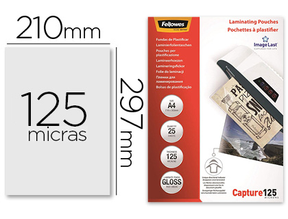 [9155170] FELLOWES - Bolsa de plastificar brillo din A4 125 micras pack de 25 unidades (Ref. 5396301)