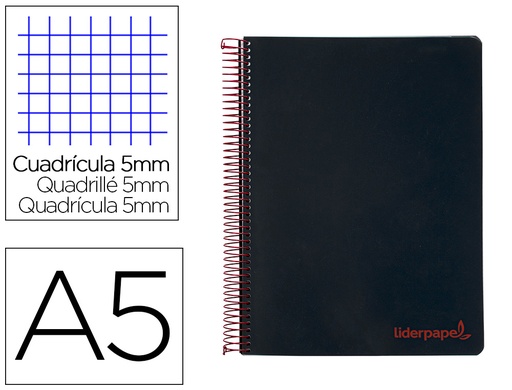 [2009238] LIDERPAPEL - Cuaderno espiral a5 micro wonder tapa plastico 120h 90g cuadro 5mm 5 bandas 6 taladros color negro (Ref. BJ67)