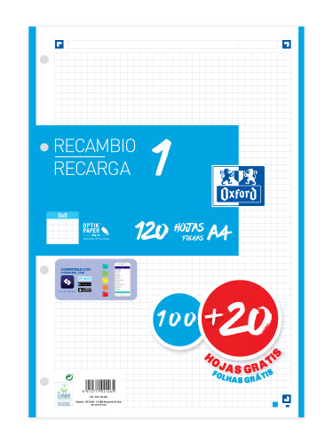 [2152535] OXFORD - RECAMBIO COLOR DIN A4 100 HOJAS 90 GR CUADRO 5 MM 4 TALADROS TURQUESA (Ref.400106620)